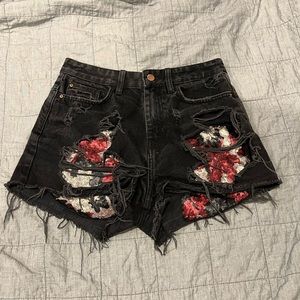 Zara black denim high waisted shorts ripped sequins red gold pockets